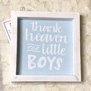 Brownlow 8x8” blue and white linen sign. “Thank Heaven for Little Boys”
